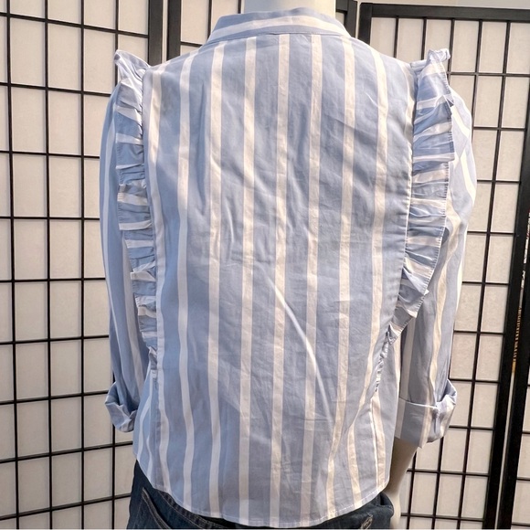 Popsugar Blue Striped Ruffled Top With Moto Collar And Tie - Picture 6 of 13